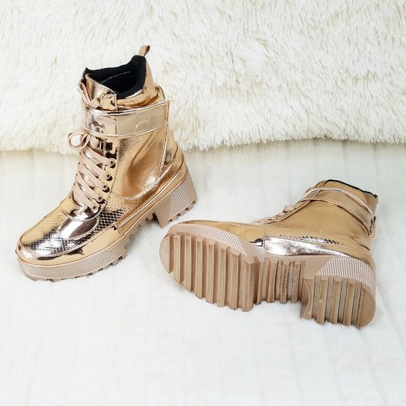 SIZE 11 Lynn Rose Gold Champagne Lug Sole Combat Boots - Picture 4 of 12